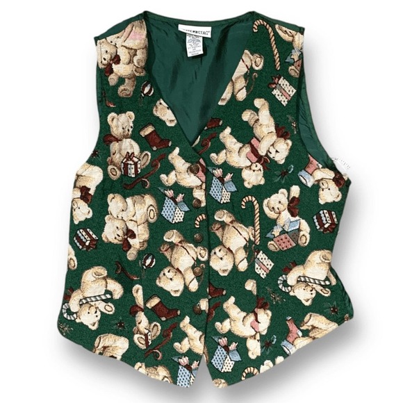 Vintage Jackets & Blazers - Vintage Christmas Teddy Bear Vest Green Holiday Novelty Waistcoat Whimsical